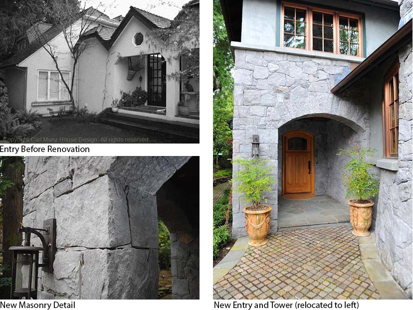 Entry courtyard before renovation, new masonry detail, new entry and tower