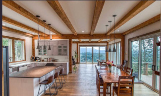 Kitchen to living room views in open floor plan on Orcas Island
